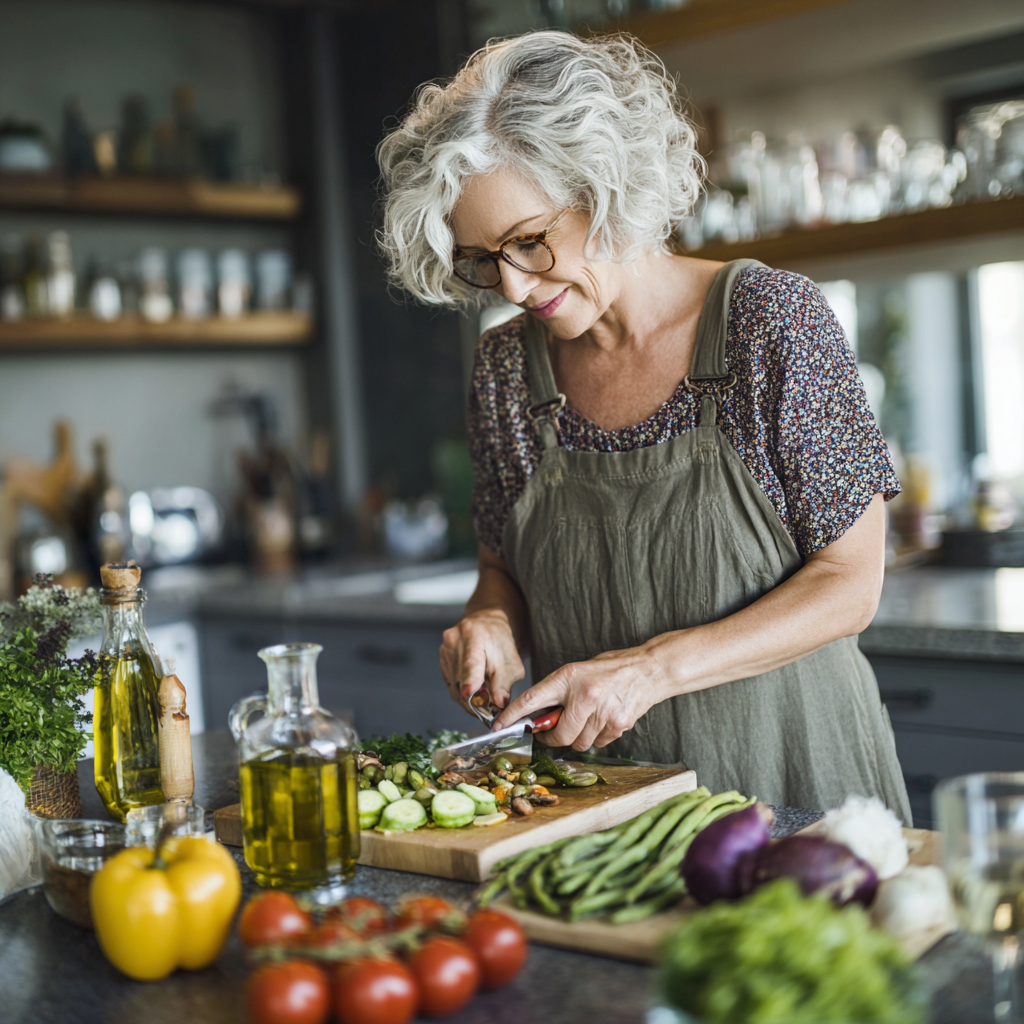 Mature woman preparing healthy Mediterranean meal with fresh vegetables and olive oil in modern kitchen