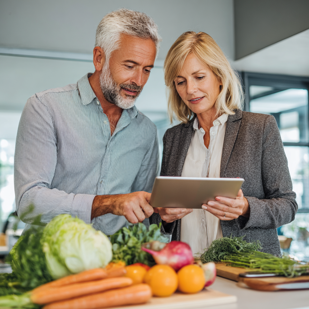 Middle-aged nutritionist consulting with client about healthy meal planning using digital tablet in bright office space