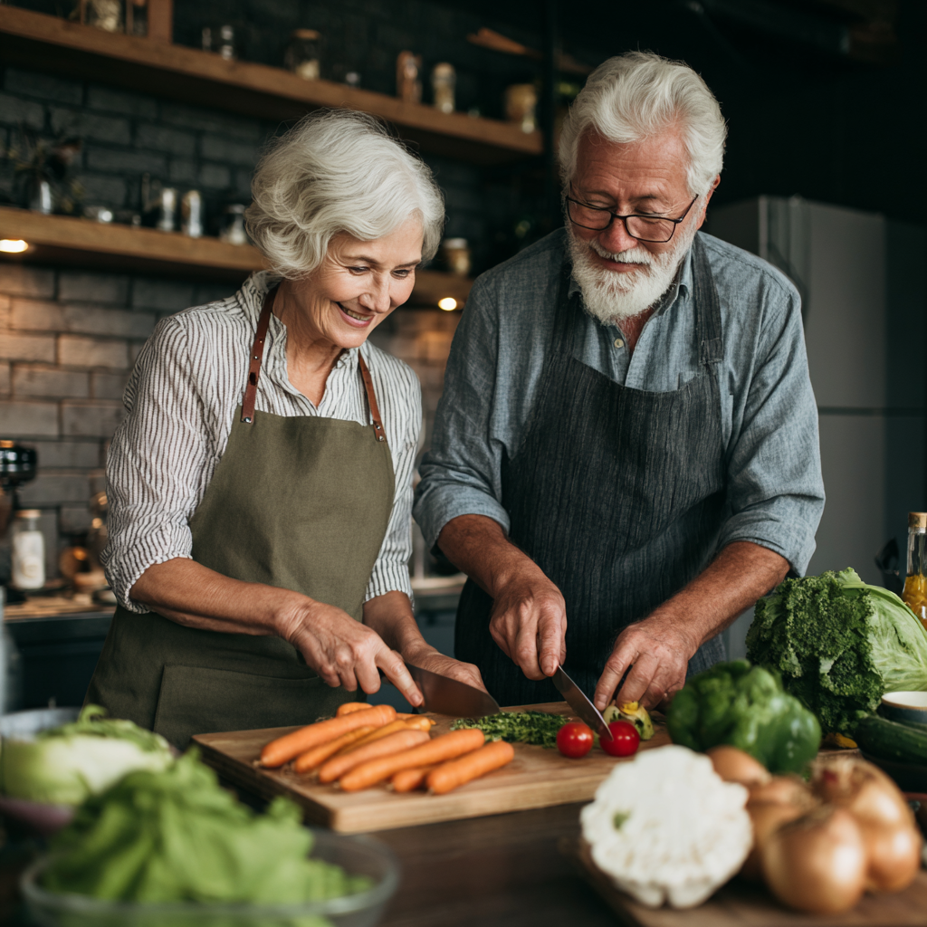 Senior couple cooking together in kitchen, following healthy meal plan and enjoying preparation of nutritious dinner